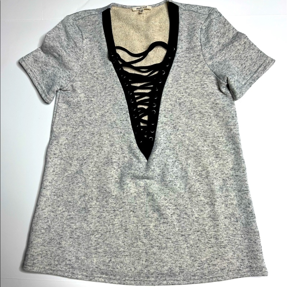 Womens gray and black deep V-neck with draw string
